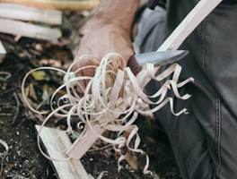A knife cuts lengths of shavings from a stick, causing a feathering effect.
